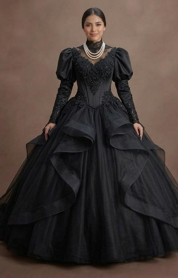 Victorian Black Quinceañera Dress Corset & Lace Detail