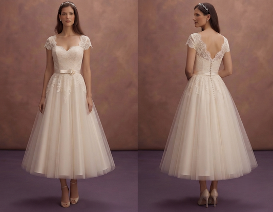 Vintage-Inspired Tea-Length Wedding Dresses with Lace