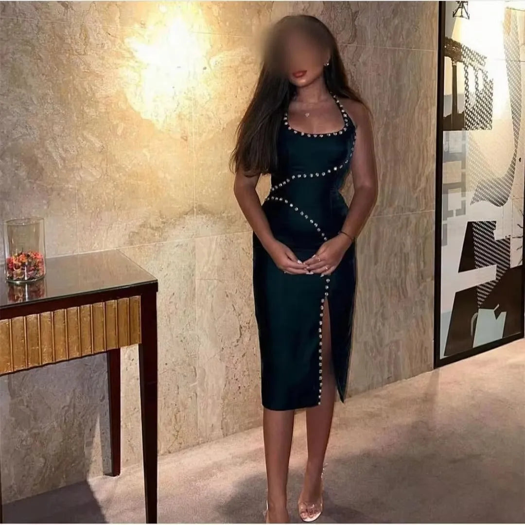 Black Sheath Crystals Short Prom Dresses Satin Scoop Women Party Gowns