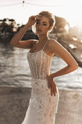 Serpentine-Mermaid Bridal Dress with Spaghetti Straps, Open Neckline, and Natural Waistline