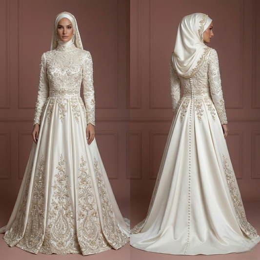 Wedding Dress in Ivory Satin – Modest Hijab Style for Nikah Muslim