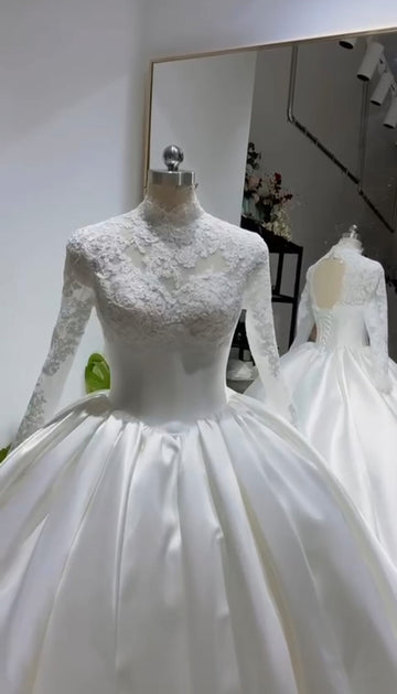 Muslim Princess Wedding Dress High Neck Long Sleeve With Lace Ball Gowns Hijab Bridal Dress Elegant Vestidos De Novia