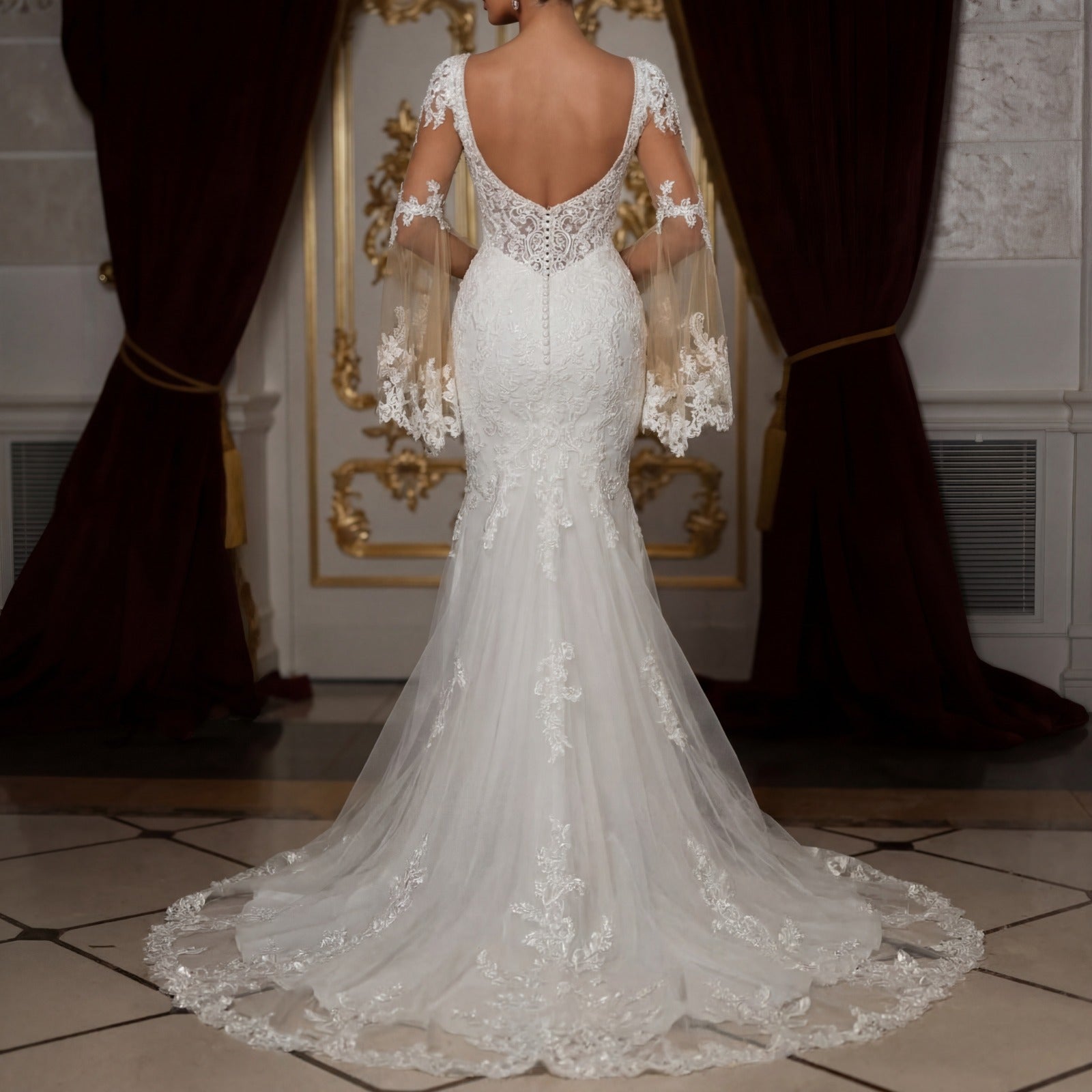 Elegant Mermaid Wedding Dresses Deep V-neck Long Sleeves Lace Applicants Tulle Backless Bridal Gown Custom Vestidos De Novia