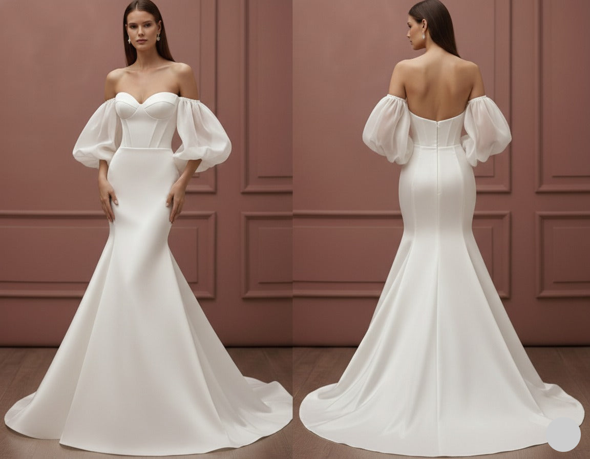 Elegant Mermaid Wedding Dress Long V-Neck Backless Satin Bridal