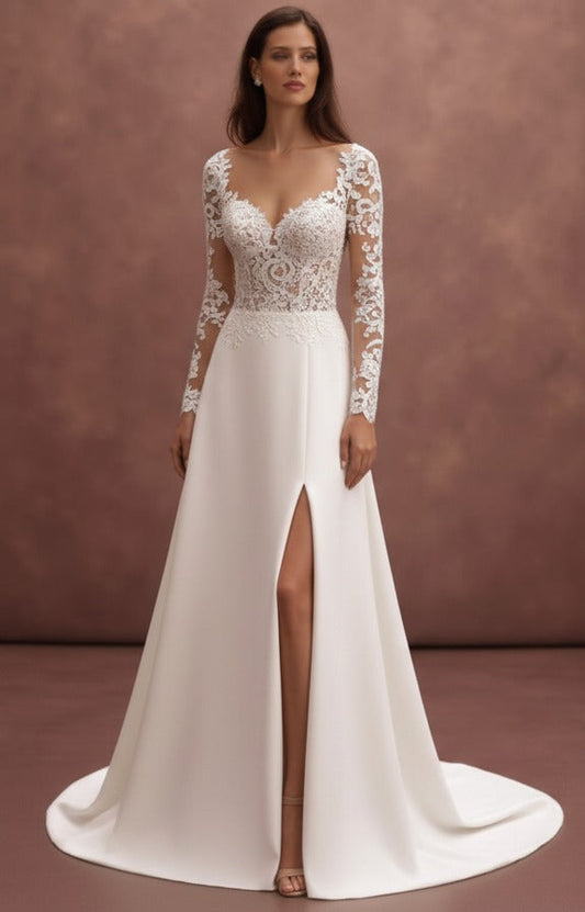 Long Sleeve Lace Wedding Dress A-Line Classic Bridal Gown
