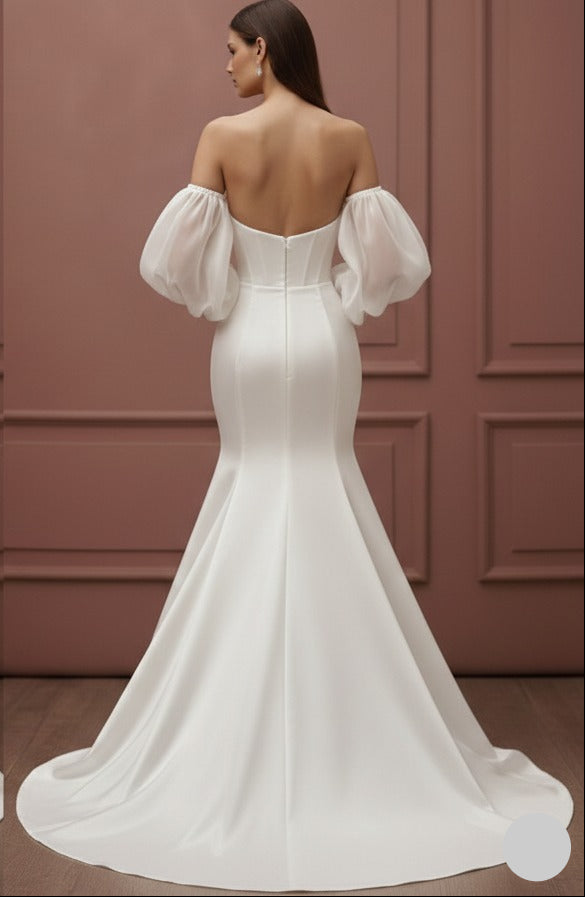 Elegant Mermaid Wedding Dress Long V-Neck Backless Satin Bridal
