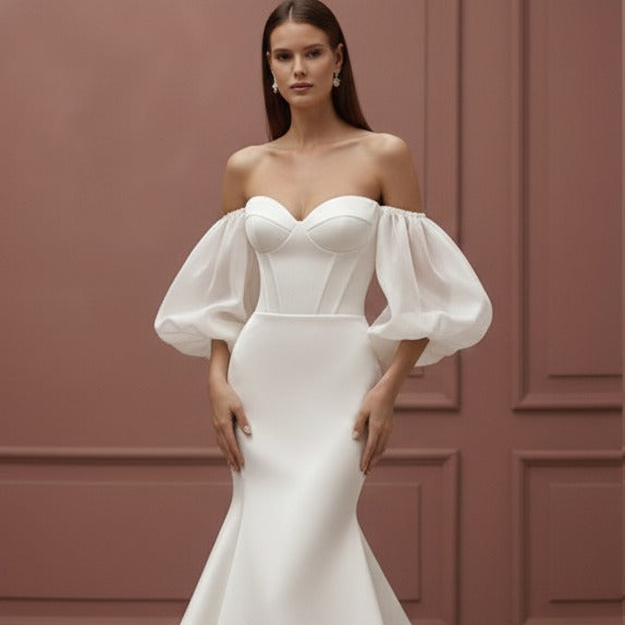 Elegant Mermaid Wedding Dress Long V-Neck Backless Satin Bridal