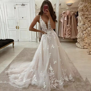 Vestidos de novia elegantes de encaje rosa rubor, apliques con cuello en V de corte bajo, vestidos de novia de corte a, vestido de novia con tirantes finos de princesa