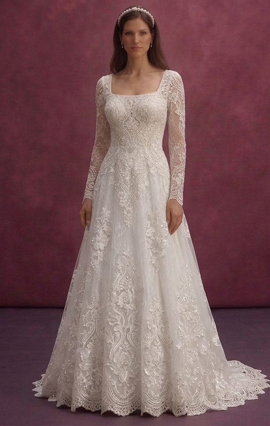 White A-Line Wedding Dress with Floral Lace Overlay