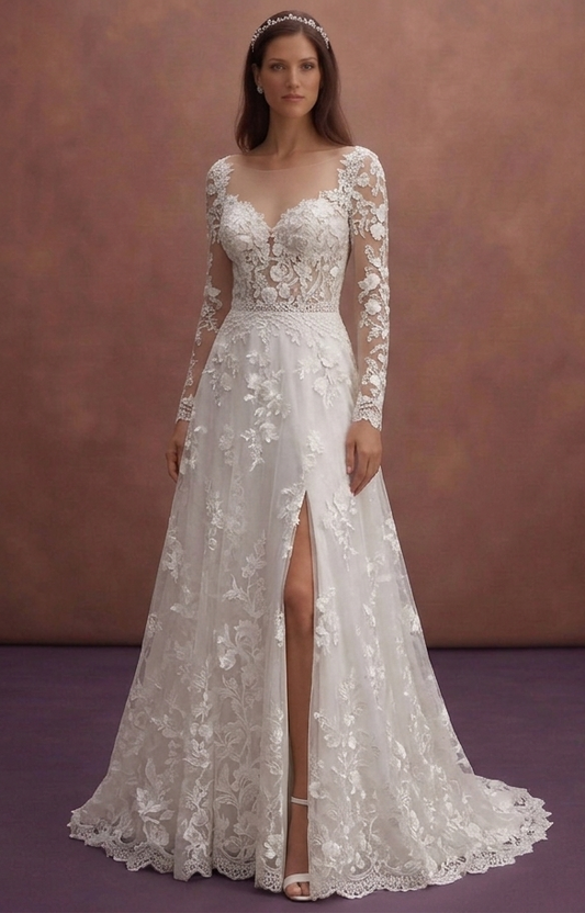 White A-Line Wedding Dress with Floral Lace Overlay