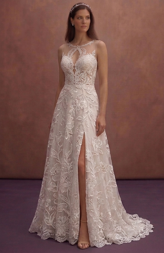 White A-Line Wedding Dress with Floral Lace Overlay Design