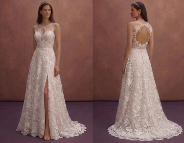 White A-Line Wedding Dress with Floral Lace Overlay Design