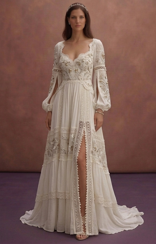 White Bohemian Wedding Dress with Flowing Skirt
