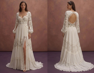 White Bohemian Wedding Dress with Flowing Skirt