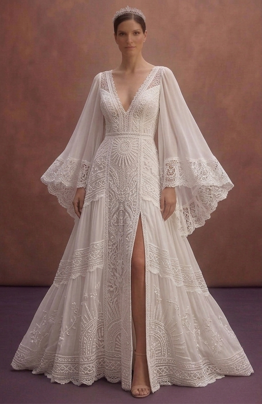 White Bohemian Wedding Dress with Flowy Bell Sleeves
