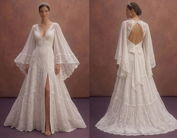 White Bohemian Wedding Dress with Flowy Bell Sleeves