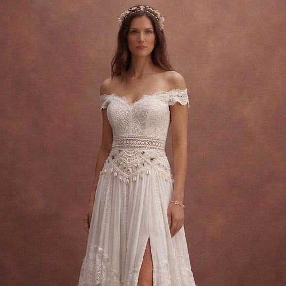 White Bohemian Wedding Dress with Romantic Flow Layers