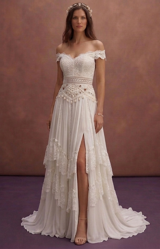 White Bohemian Wedding Dress with Romantic Flow Layers