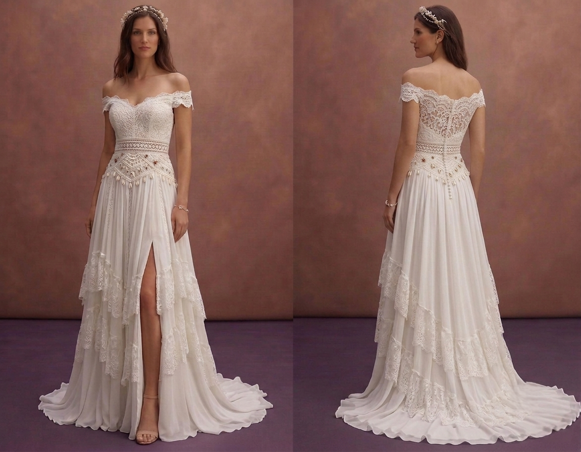 White Bohemian Wedding Dress with Romantic Flow Layers