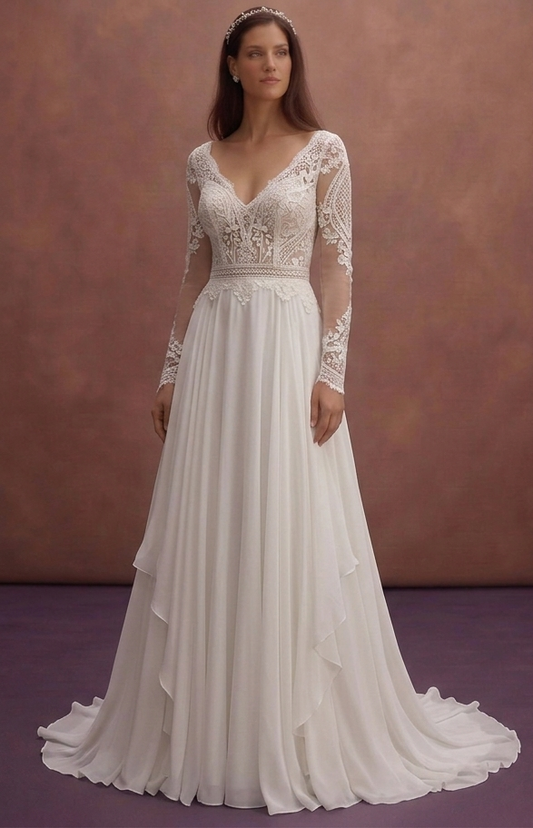 White Bohemian Wedding Dress with Soft Airy Chiffon