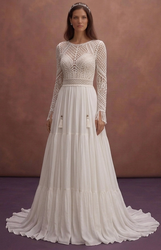 White Bohemian Wedding Dress with Soft Chiffon Flowing Design