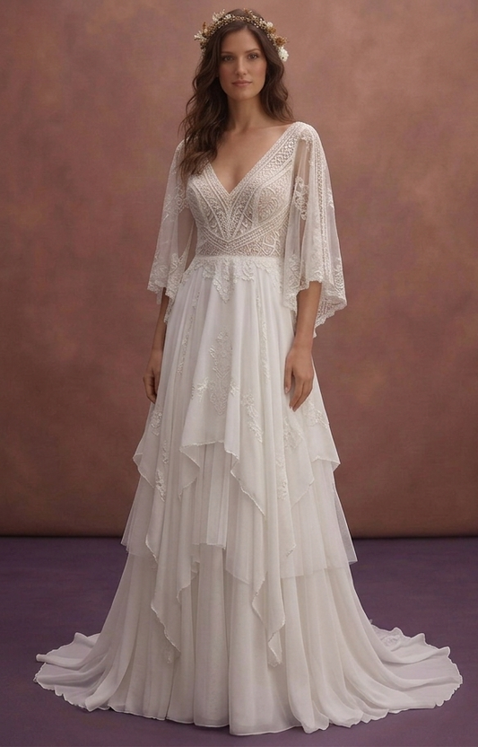 White Bohemian Wedding Dress with Soft Chiffon Layers