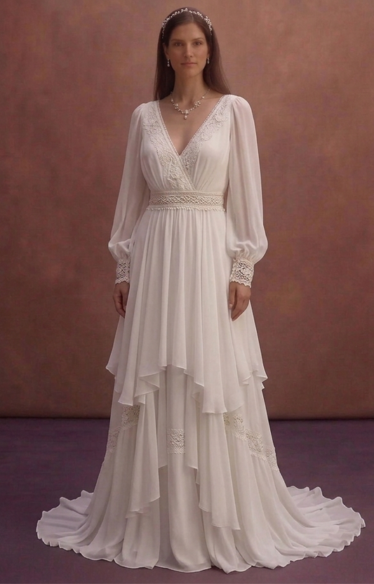 White Bohemian Wedding Dress with Soft Chiffon Layers