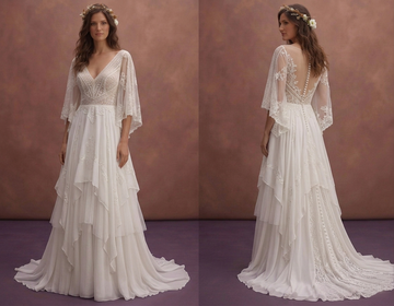 White Bohemian Wedding Dress with Soft Chiffon Layers