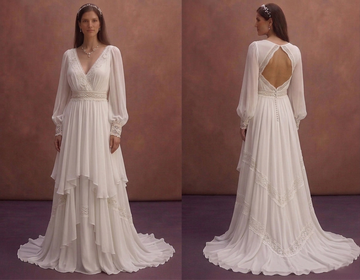 White Bohemian Wedding Dress with Soft Chiffon Layers