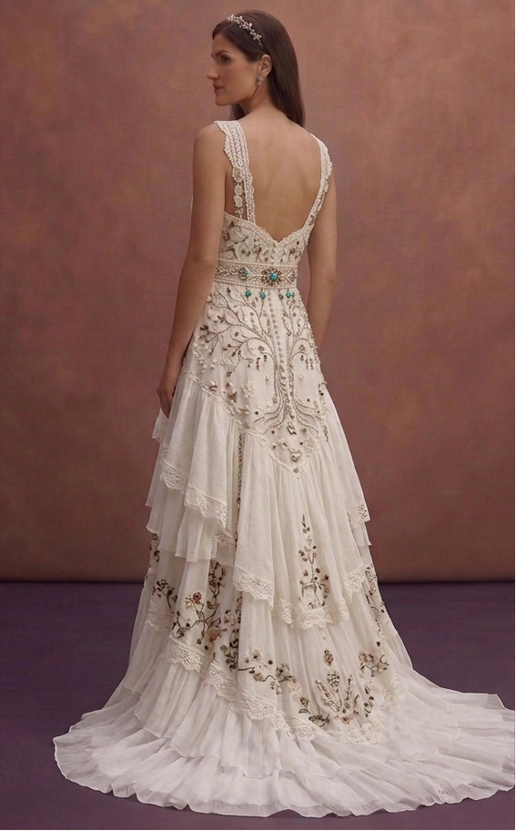 White Bohemian Wedding Dress with Soft Romantic Layers
