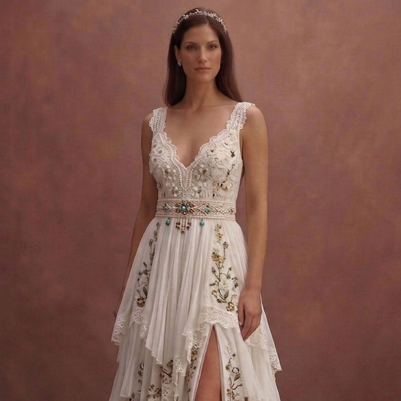 White Bohemian Wedding Dress with Soft Romantic Layers