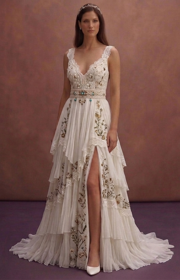White Bohemian Wedding Dress with Soft Romantic Layers