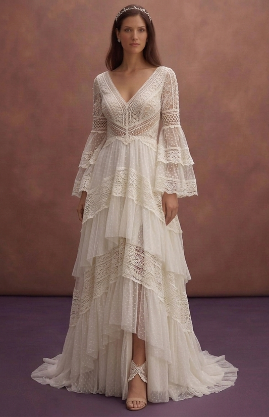 White Bohemian Wedding Dress with Soft Romantic Layers