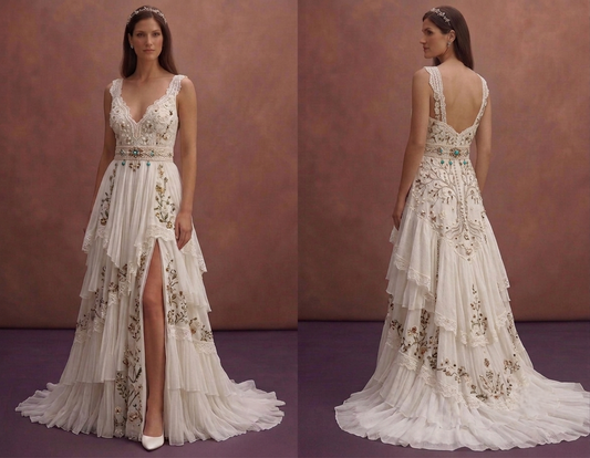 White Bohemian Wedding Dress with Soft Romantic Layers