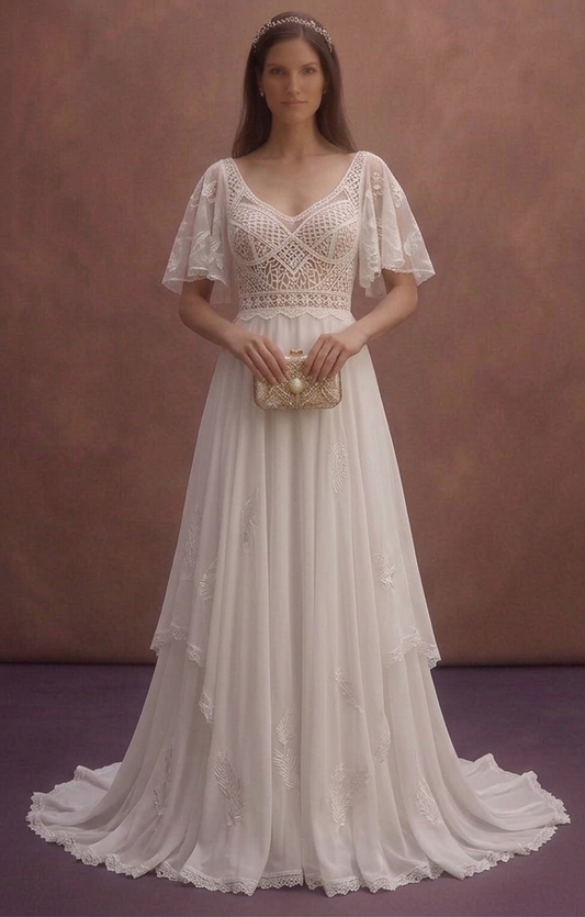 White Boho Beach Wedding Dress with Chiffon Skirt