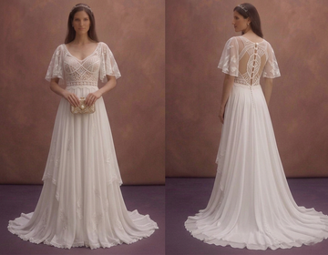 White Boho Beach Wedding Dress with Chiffon Skirt