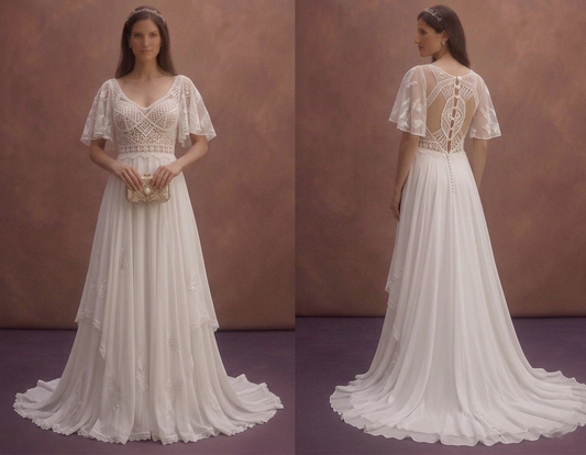 White Boho Beach Wedding Dress with Chiffon Skirt