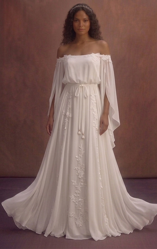 White Boho Beach Wedding Dress with Flowing Chiffon