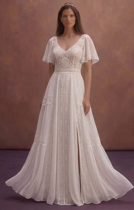 White Boho Beach Wedding Dress with Light Chiffon Flow