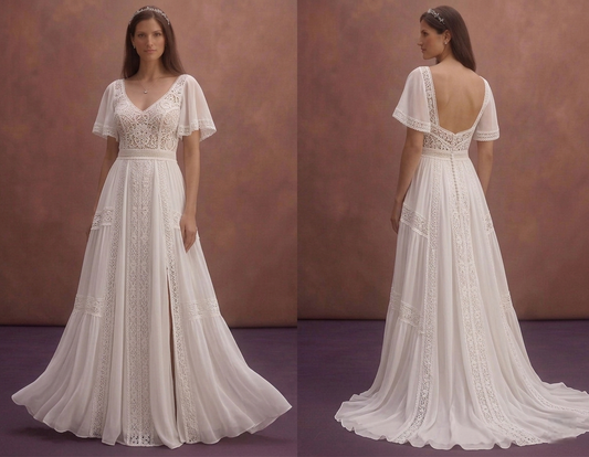White Boho Beach Wedding Dress with Light Chiffon Flow