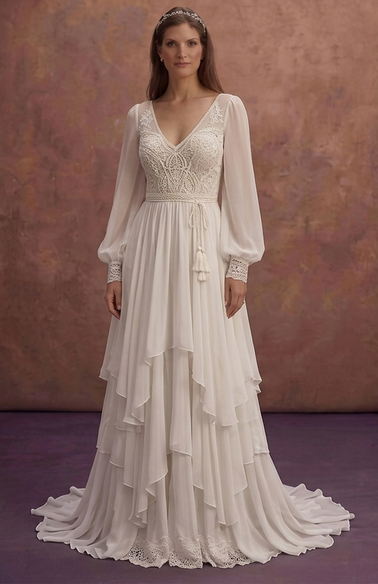 White Boho Bridal Dress with Lightweight Chiffon Layers