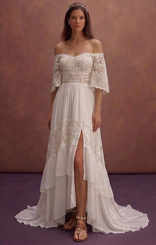 White Boho Wedding Dress with Off-Shoulder Sleeves