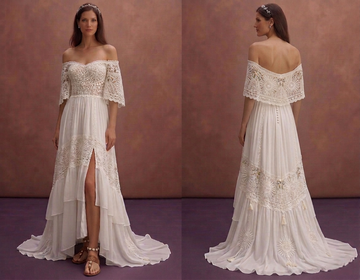 White Boho Wedding Dress with Off-Shoulder Sleeves