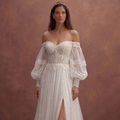 White Boho Wedding Dress with Off Shoulder Romantic Sleeves
