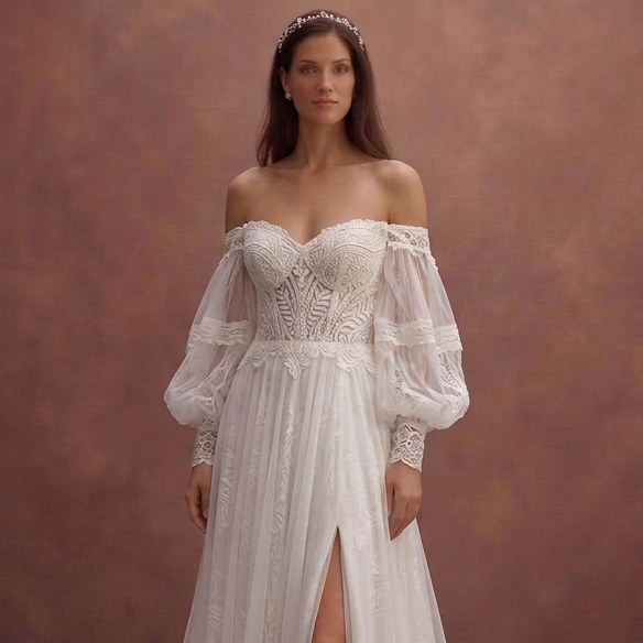 White Boho Wedding Dress with Off Shoulder Romantic Sleeves