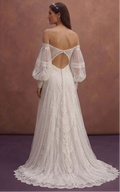 White Boho Wedding Dress with Off Shoulder Romantic Sleeves