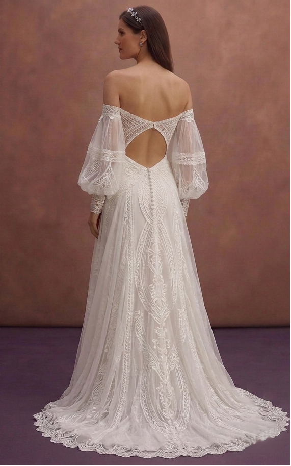 White Boho Wedding Dress with Off Shoulder Romantic Sleeves