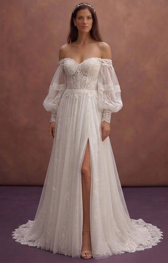 White Boho Wedding Dress with Off Shoulder Romantic Sleeves