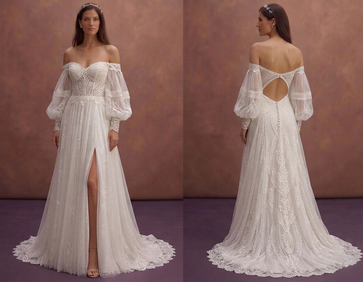 White Boho Wedding Dress with Off Shoulder Romantic Sleeves