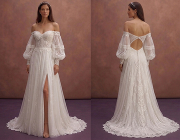 White Boho Wedding Dress with Off Shoulder Romantic Sleeves